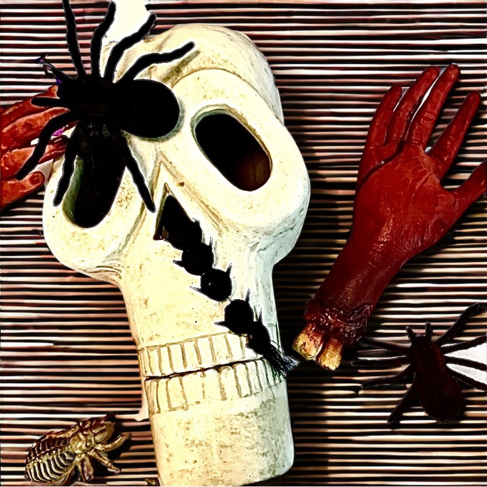 4 Skulls, 2 Bloody Cut off Arms & Furry Spiders